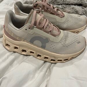 On Running Cloudmonster Beige and Pink Sneakers